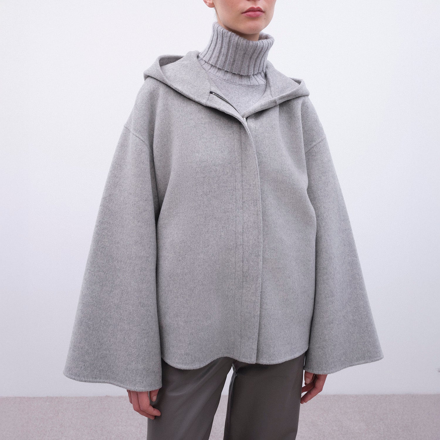 Valeria Wool Hooded Jacket in Light Grey Melange