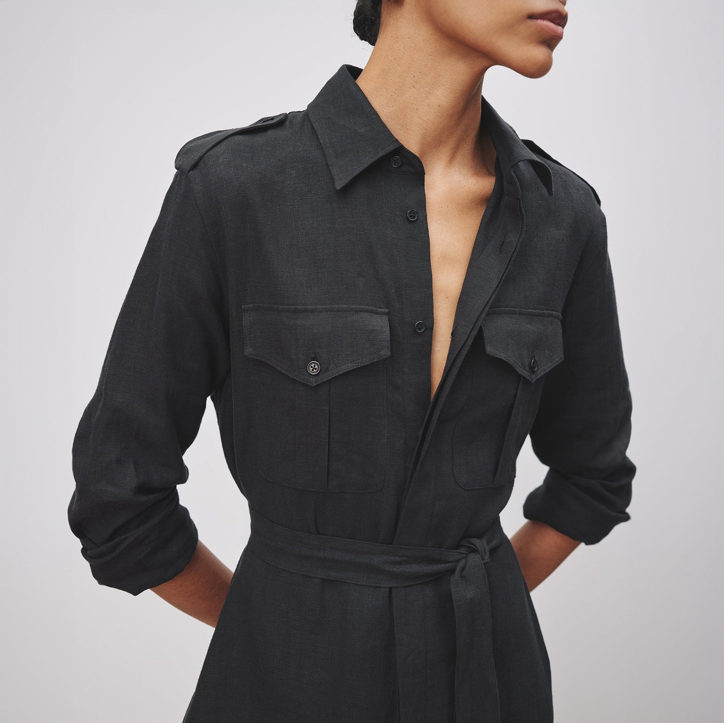 Marcia Linen Shirt Dress in Black