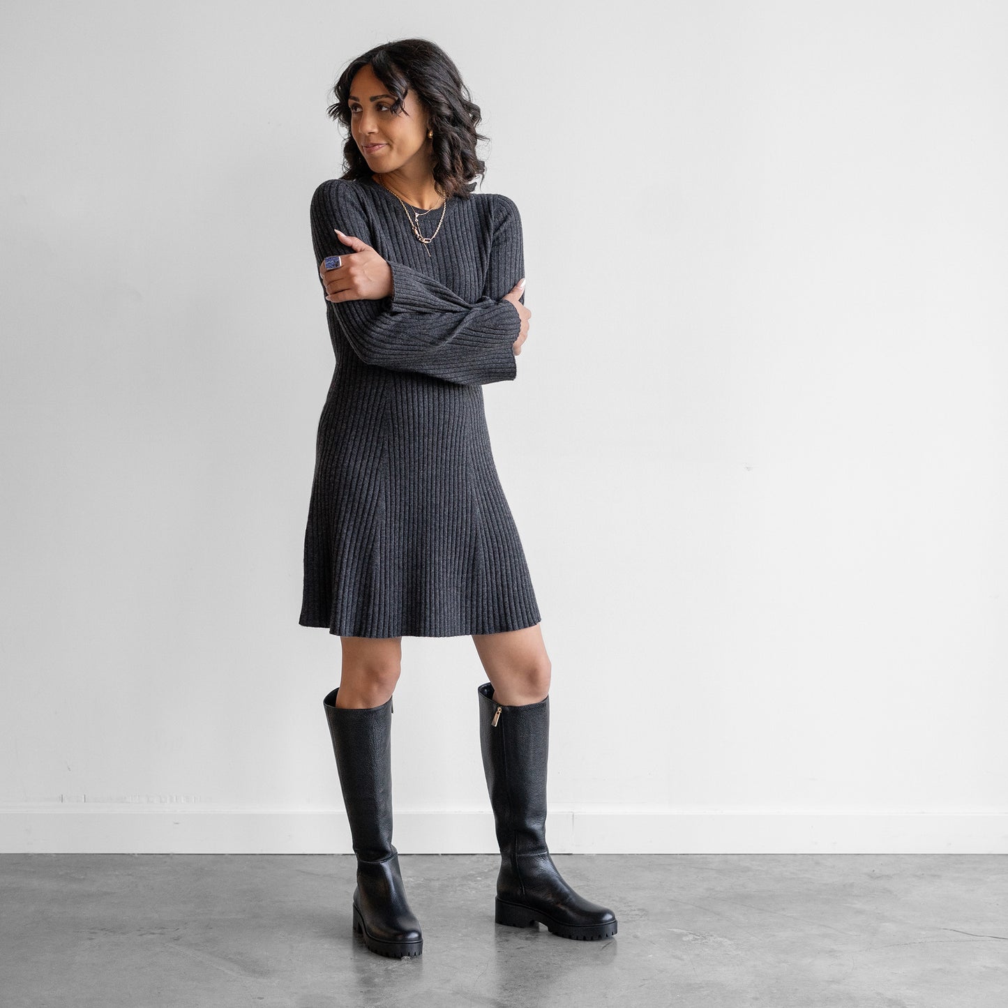 Ribbed Sweater Dress in Volcano Grey