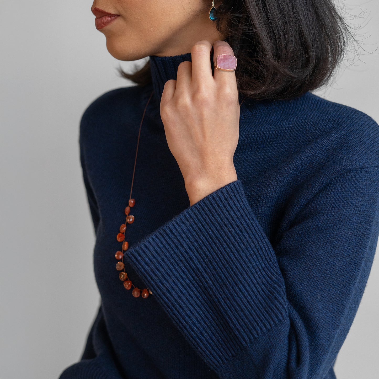 Rib Trim Funnel Neck Sweater in Navy