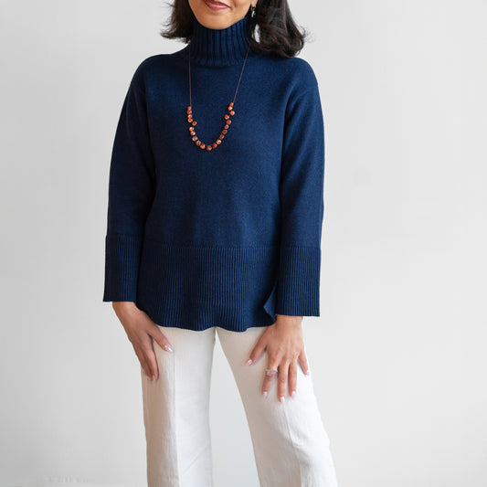 Rib Trim Funnel Neck Sweater in Navy