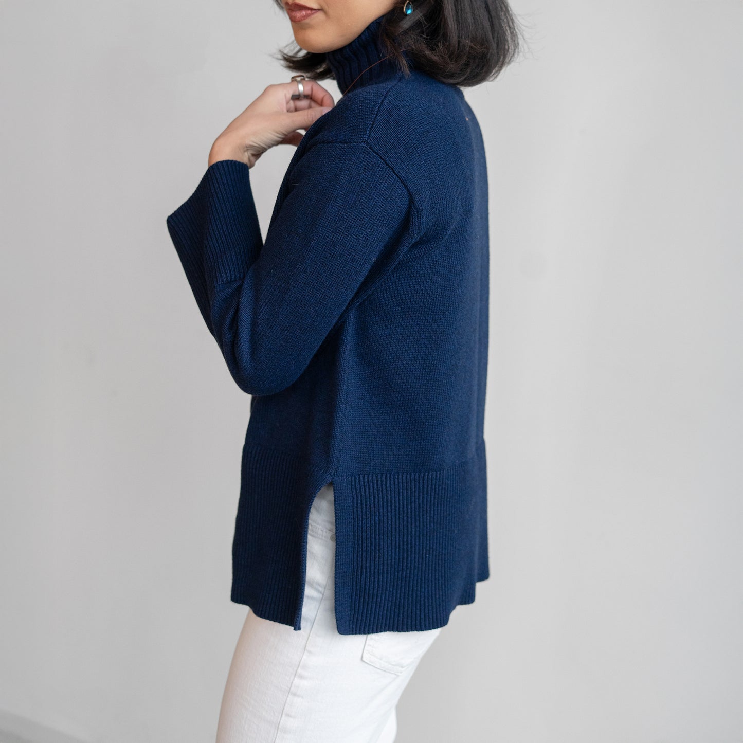 Rib Trim Funnel Neck Sweater in Navy