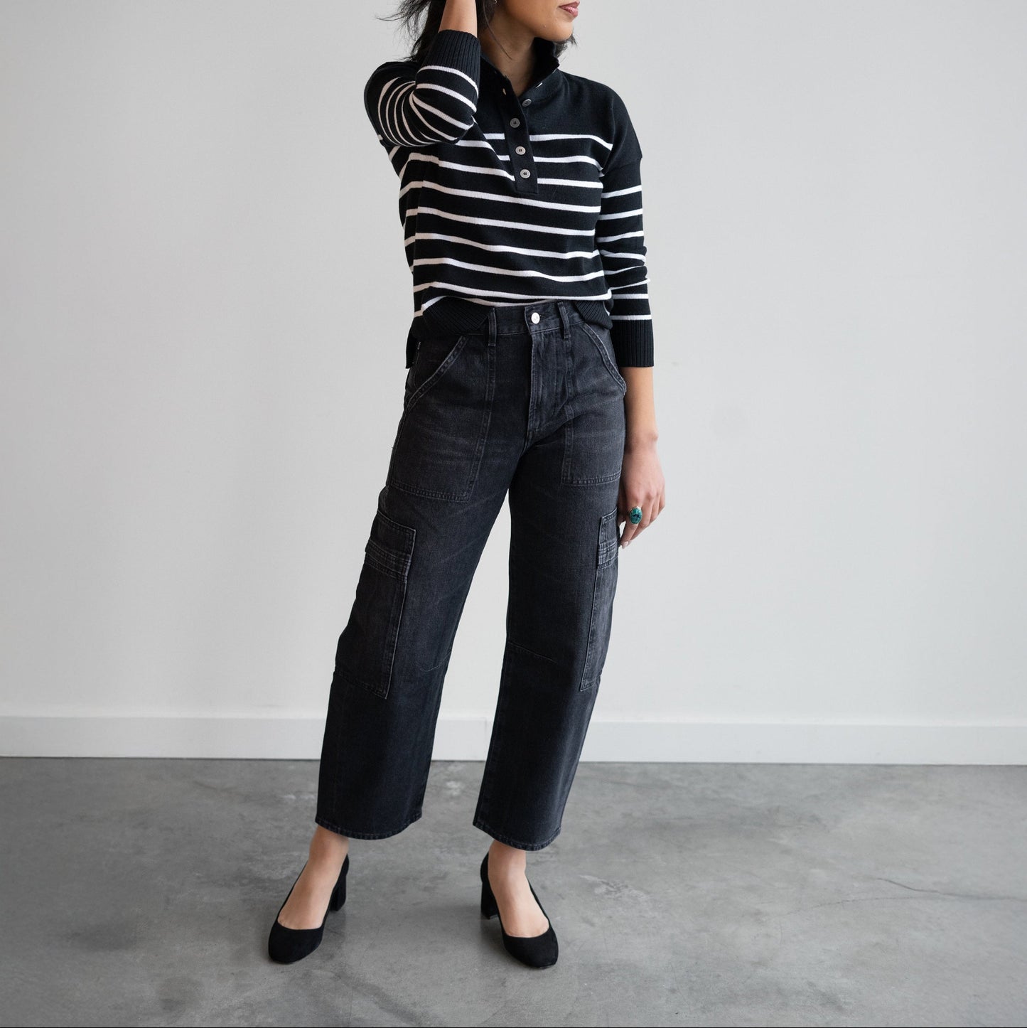 Stripe Henley Sweater in Black & White