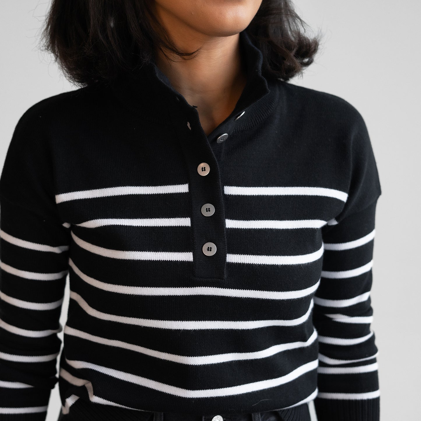 Stripe Henley Sweater in Black & White