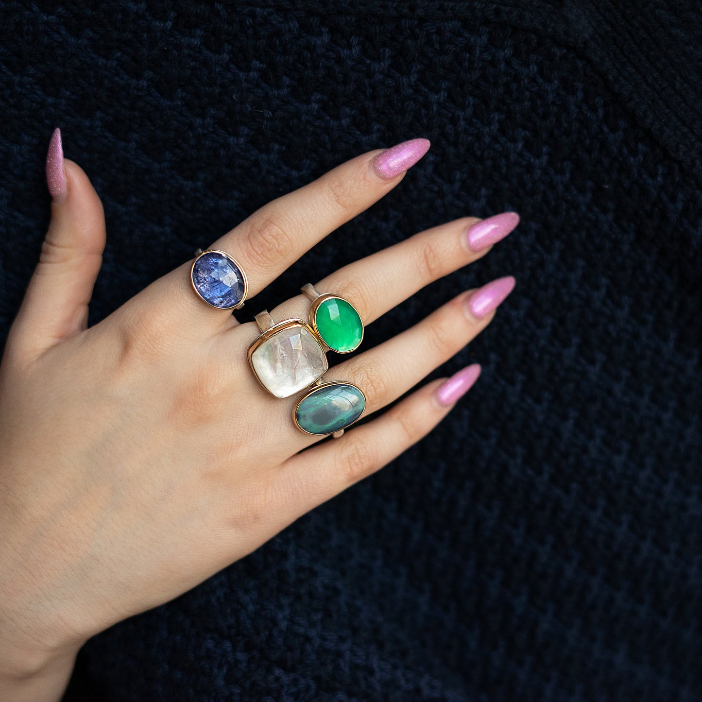 Horizontal rose cut stone and a 14k yellow gold bezel Sterling silver Egyptian band - 3.5-2.5mm wide by 2.5mm thick Stone dimensions- 18mm x 14mm (approximate) Each stone is one of a kind. RE83OR