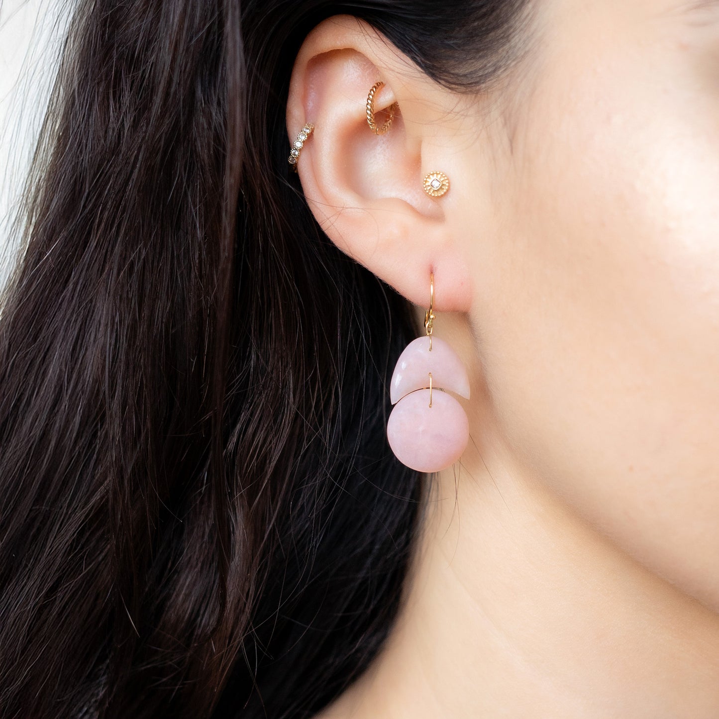 Tiny Arp Earrings in Pink Opal