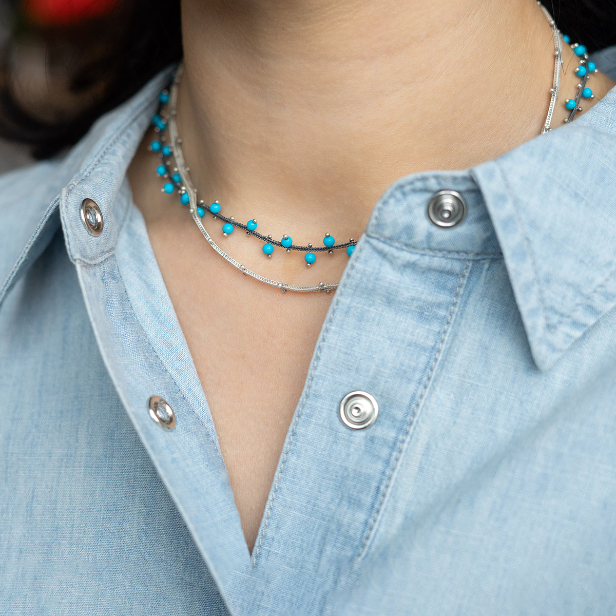 Woven chain necklace with turquoise beads Sterling silver Length: 16" Made in NYC NK724SBTQ