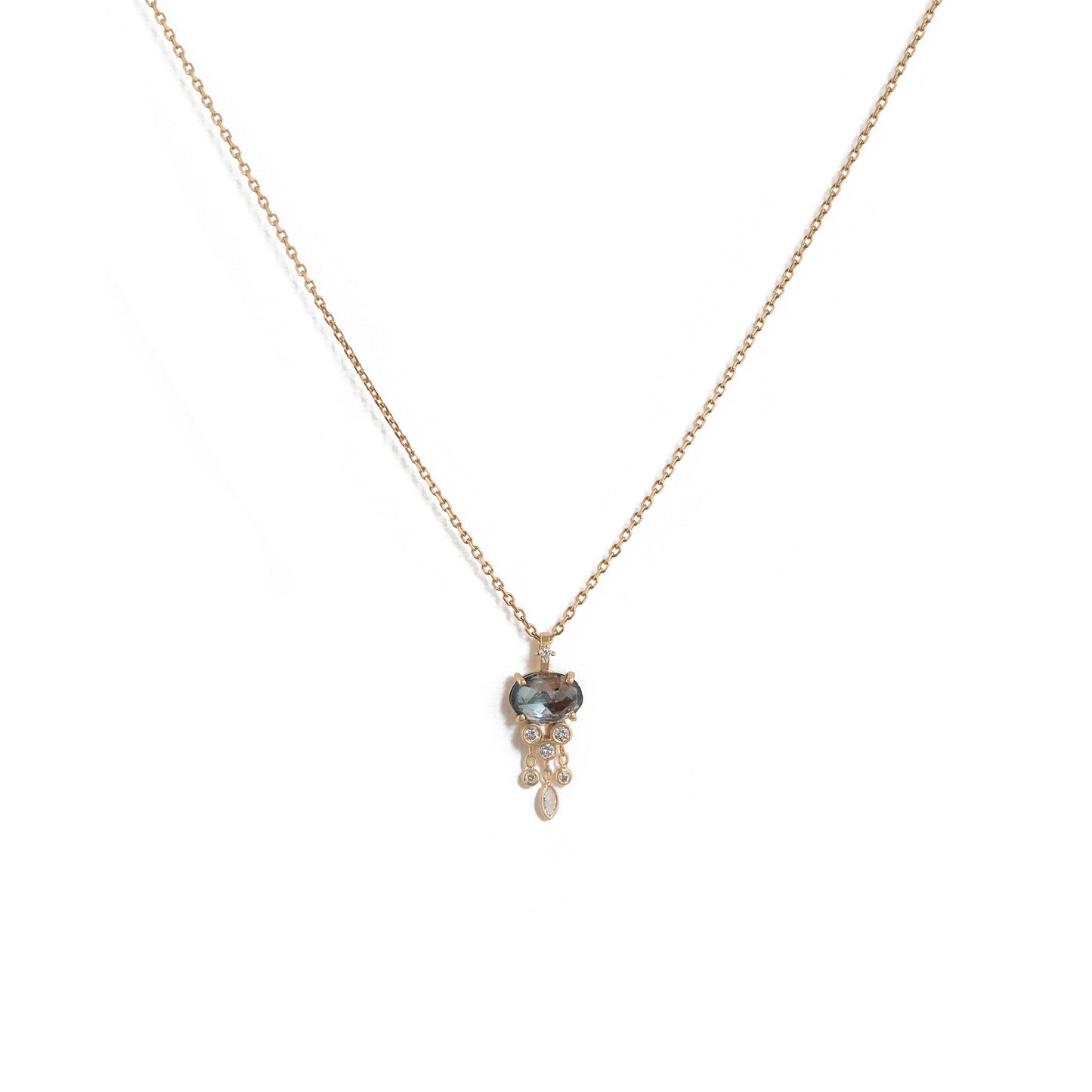 Solid 14k gold, dangling diamonds and a one-of-a-kind tourmaline stone Chain length: 16.5" 2025501