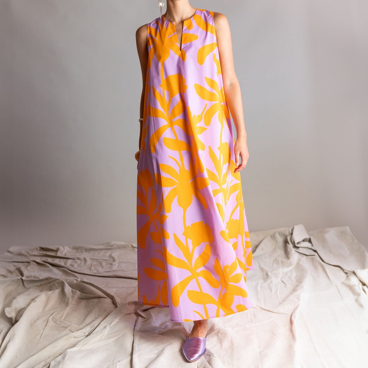 Orchid Print Maxi Dress in Orange Lilac