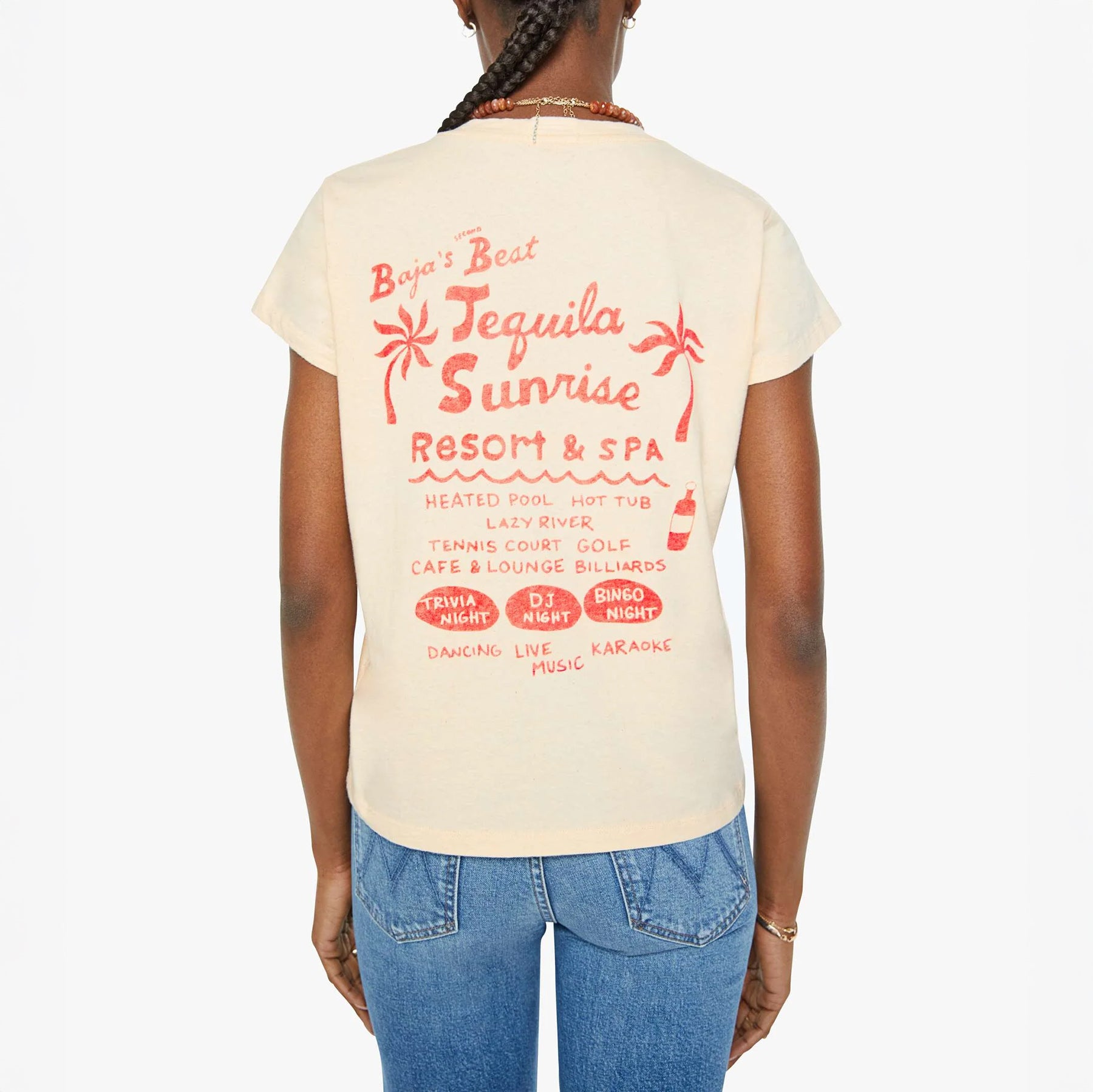 Crewneck tee featuring vintage Tequila Sunrise Resort graphic and resort activities, made in Los Angeles.