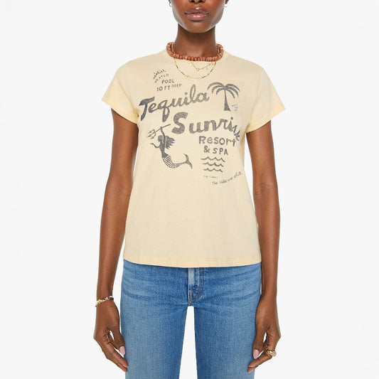 Boxy Goodie Goodie crewneck tee featuring Tequila Sunrise Resort graphic, ideal for casual summer style.