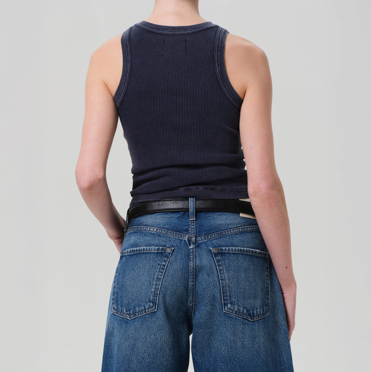 Back view of the Isabel Rib Tank in Mineral Navy, showcasing its fitted design and ribbed texture.