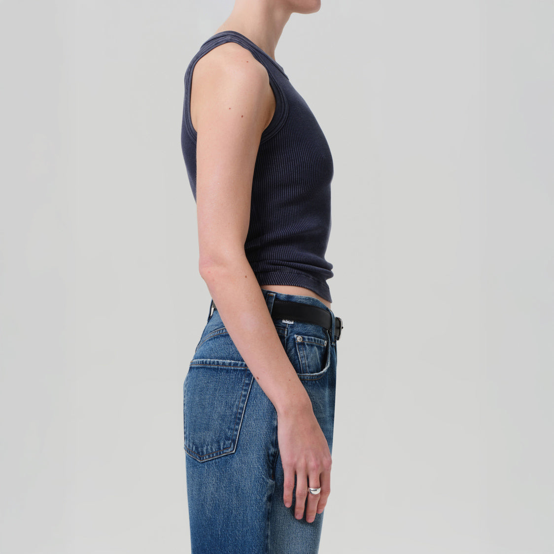 Isabel Rib Tank in Mineral Navy, featuring a fitted silhouette and crew neckline, styled with high-waisted jeans.