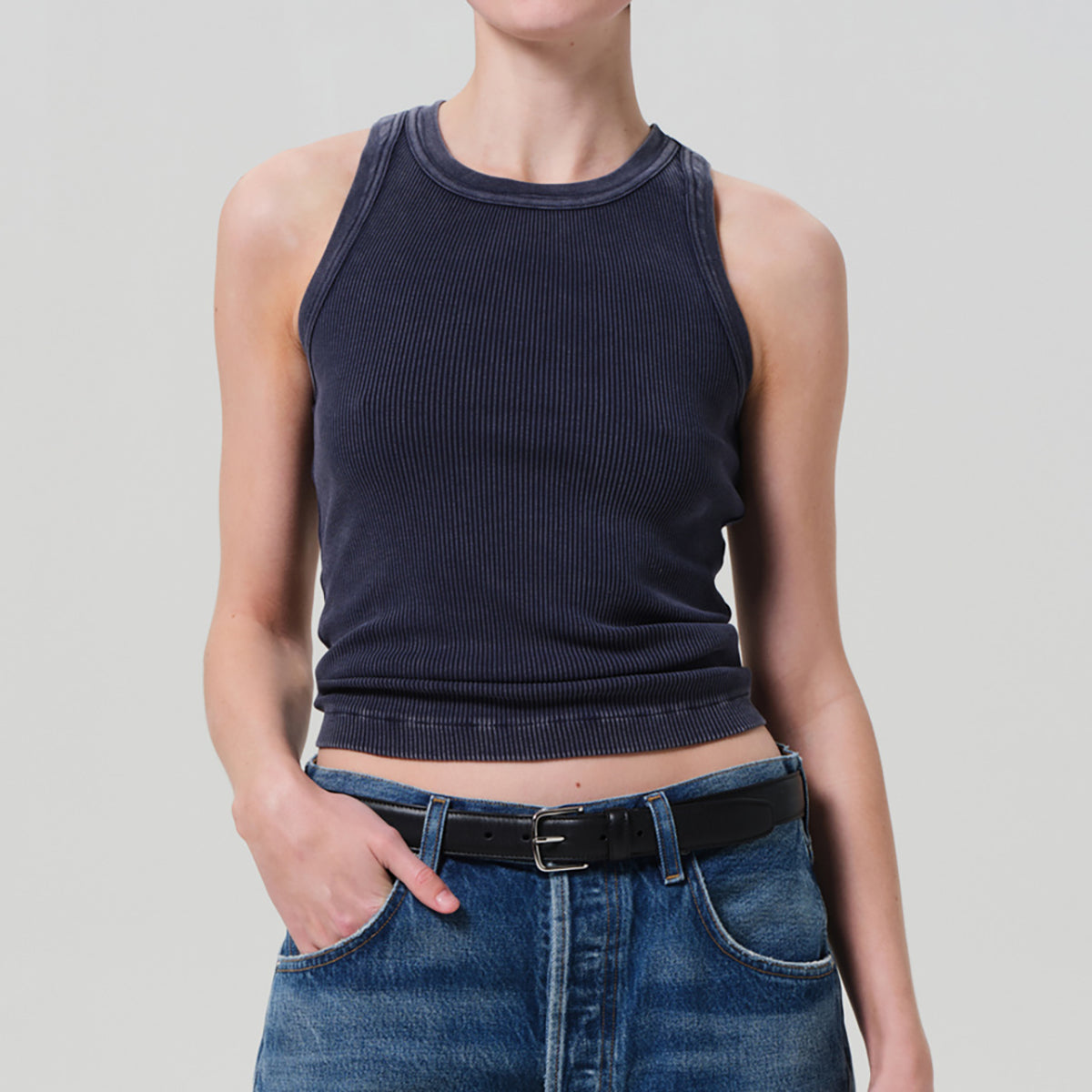 Isabel Rib Tank in Mineral Navy featuring a fitted design, crew neckline, and organic cotton blend fabric.