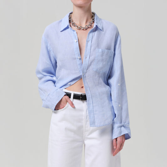 Kayla Shrunken Blouse in Glint, a button-up linen blouse with drop shoulder, perfect for a casual chic look.