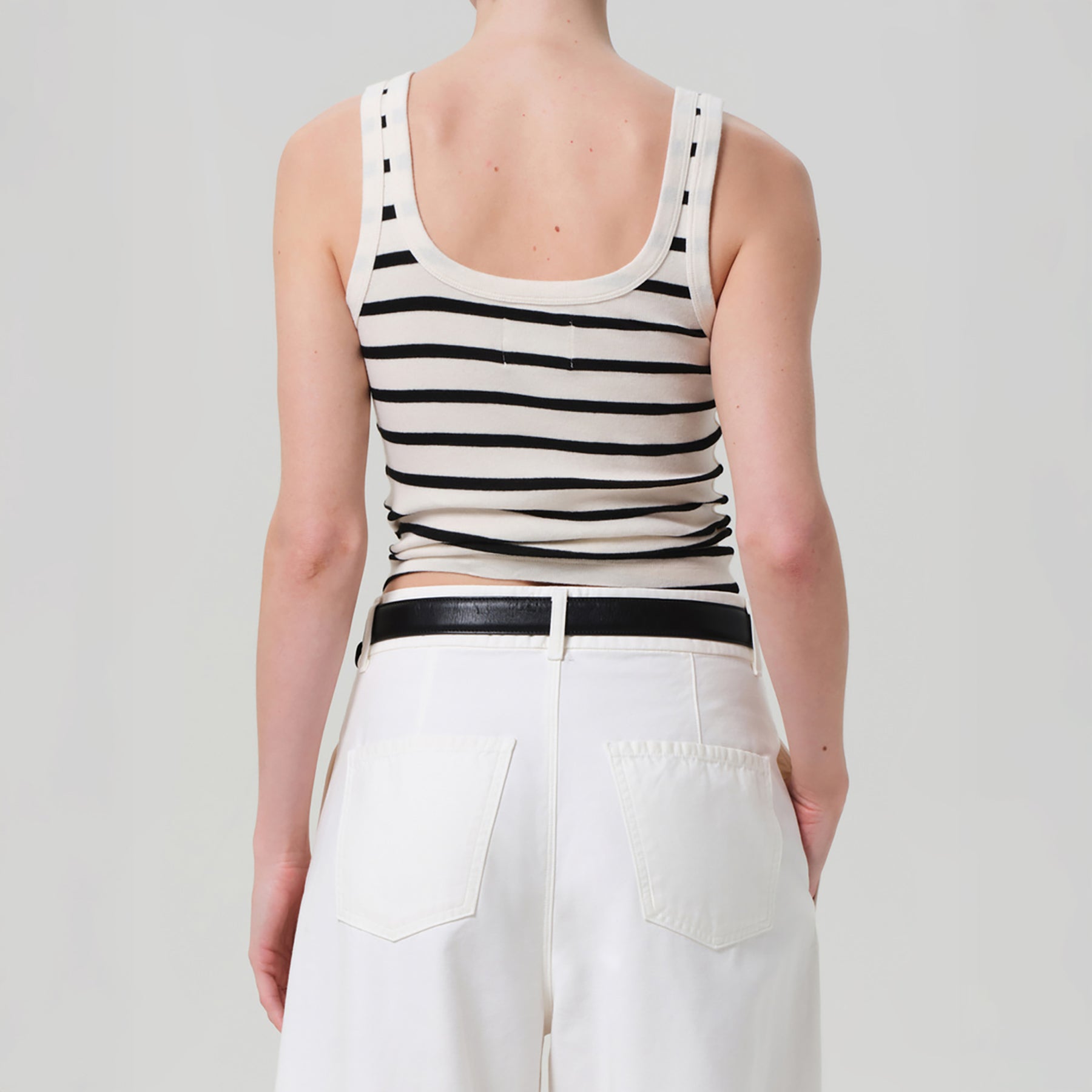 Faye Tank in Midnight Stripe, slightly cropped fit with U-neckline, featuring a stylish black and white striped design.