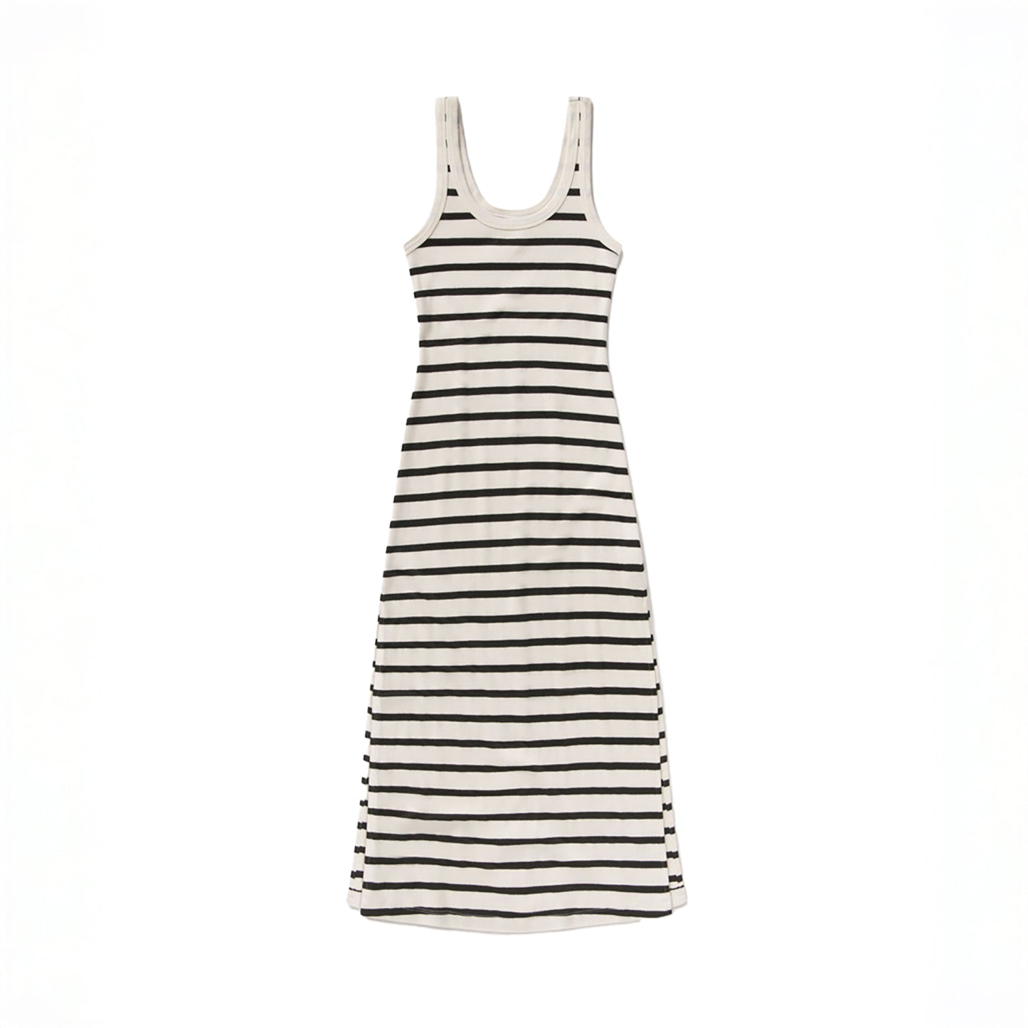 Faye Tank Dress in Midnight Stripe, cream and navy ribbed midi dress, scoop neck, lightweight cotton blend, made in the USA.
