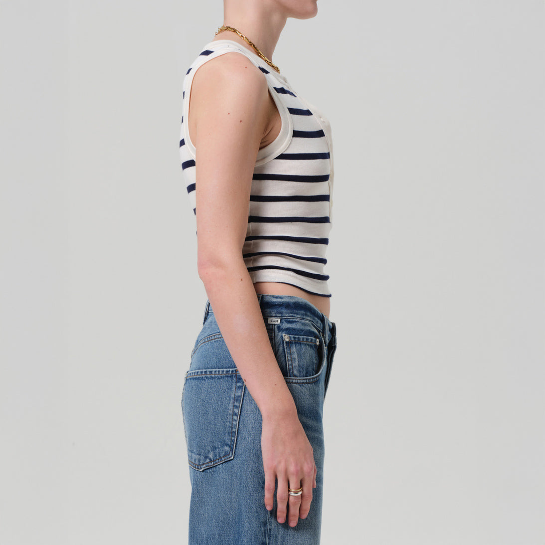 Caralyn Tank in Azure Stripe, lightweight ribbed cotton, form-fitting design, showcased on model.