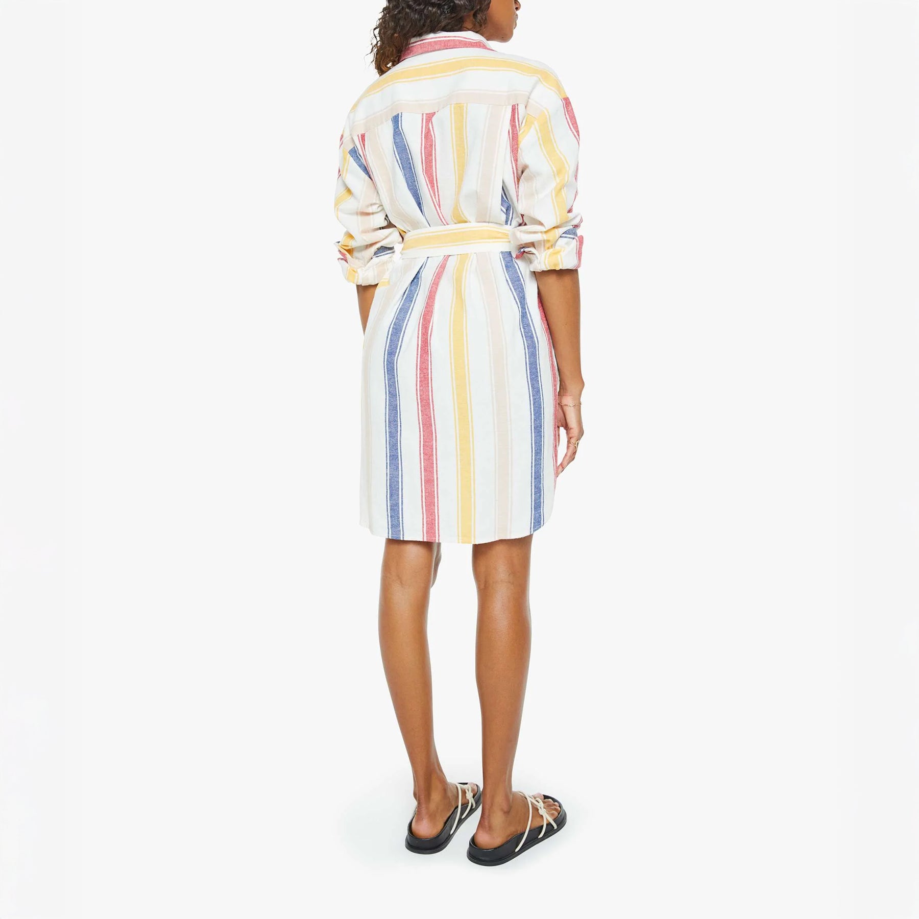 Roomie Frenchie dress in It's A Vine Line, showcasing a back view with colorful stripes, tied waist, and drop shoulders.