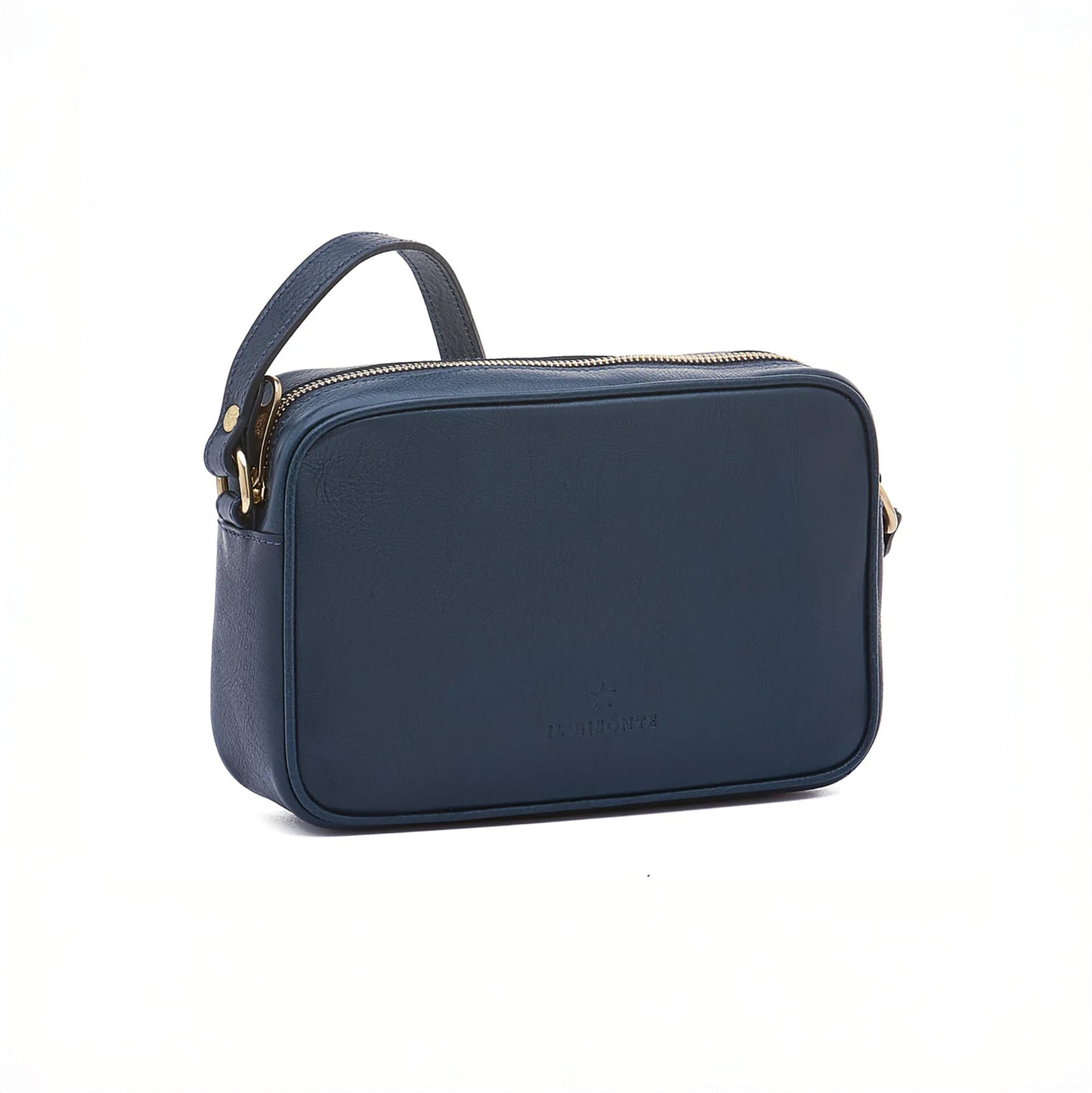 Oliveta Crossbody Bag in Blue, handcrafted vegetable tanned leather, compact design with adjustable strap and zip closure.