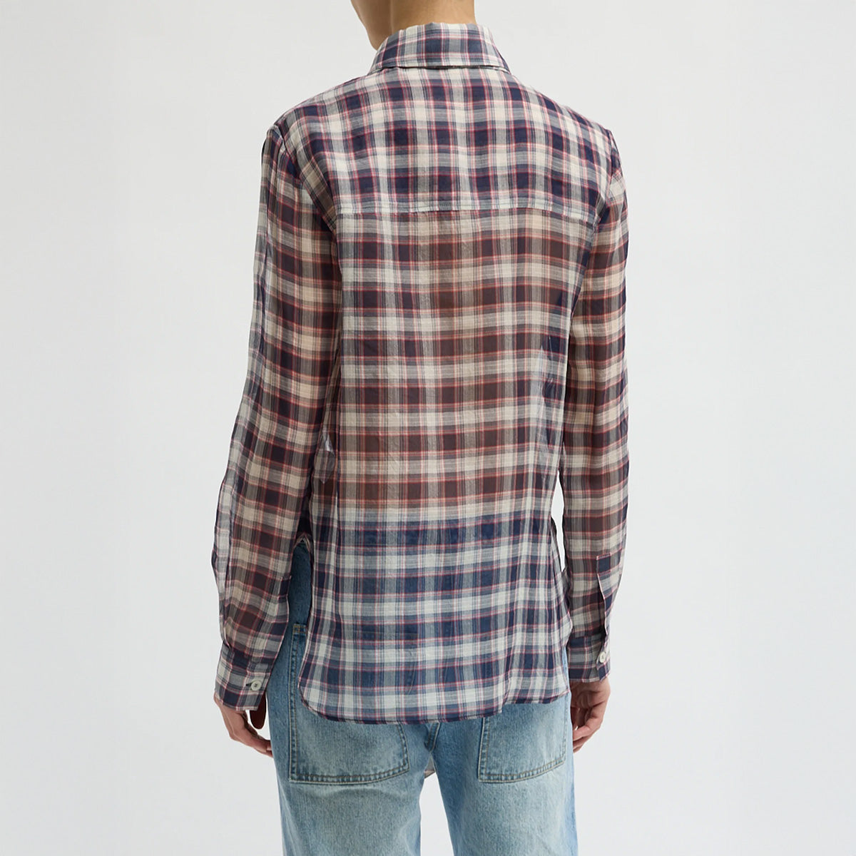 Silk Cotton Plaid Blouse with Removable Tie in Black and Red Multi