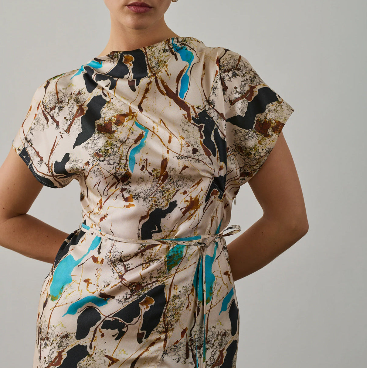 Felicie Dress in Beige & Turquoise