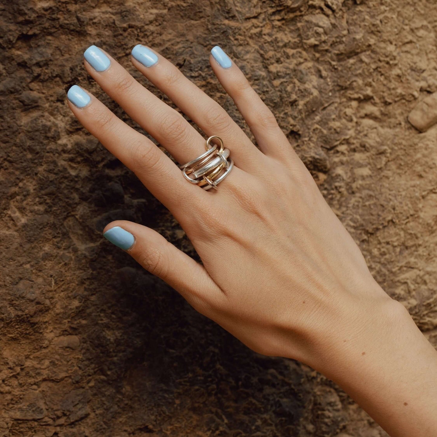 Five band ring in mixed metals with four connectors 925 sterling silver, 18k gold