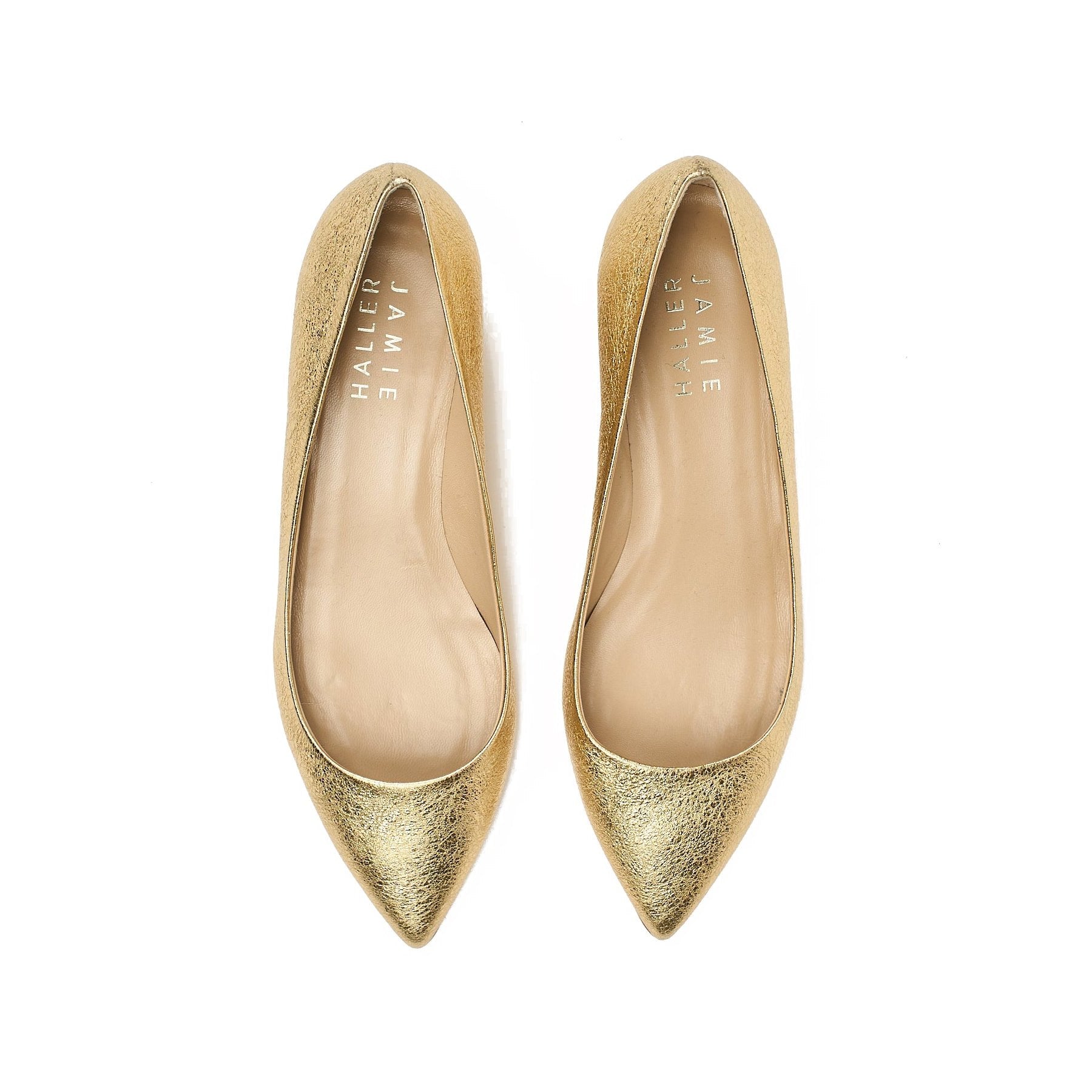 Kitty Point Heel in Warm Gold featuring pointed toe and kitten heel, handmade in Italy with leather lining.