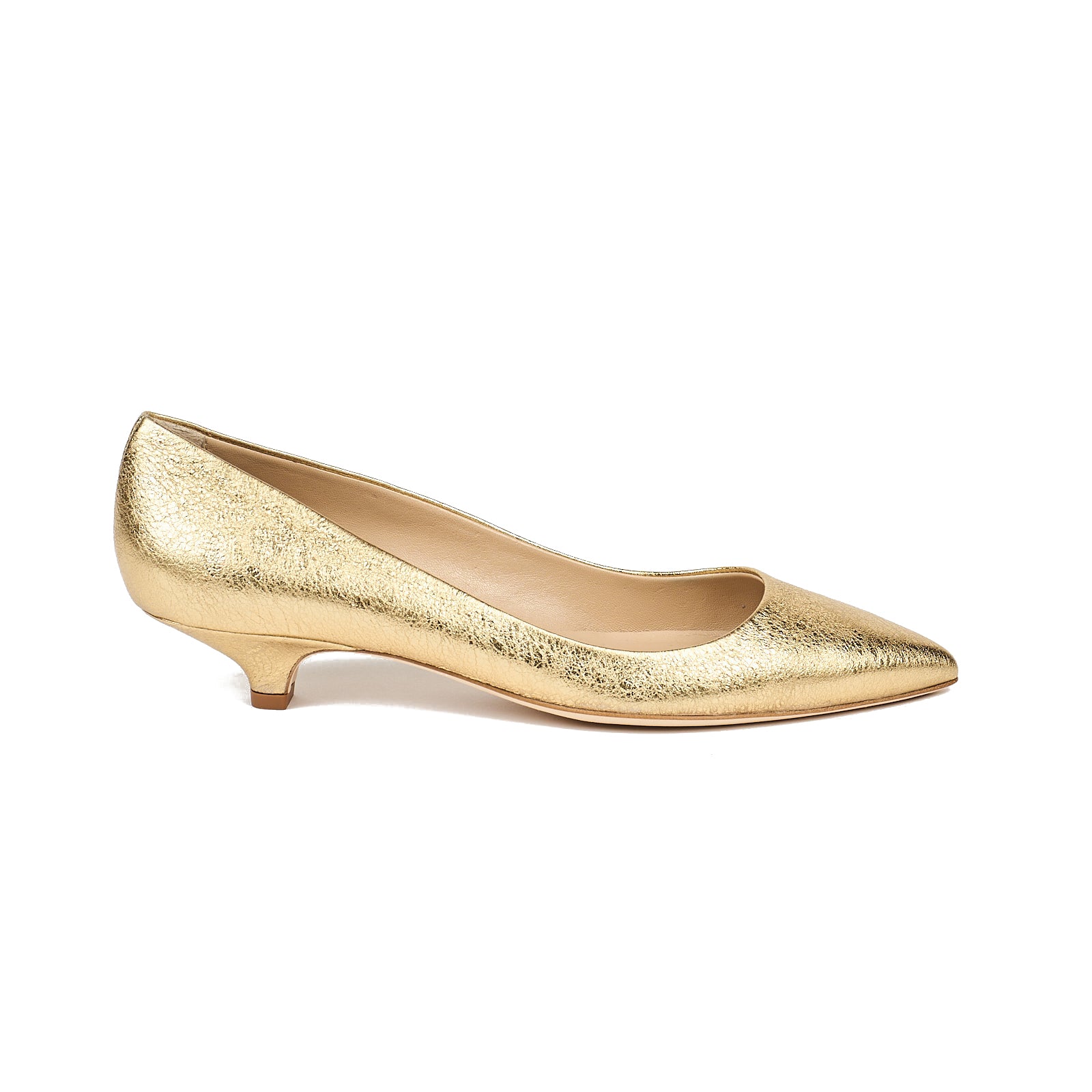 Kitty Point Heel in warm gold with a pointed toe, kitten heel, leather lining, and anti-slip rubber sole, handmade in Italy.