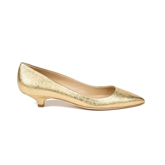 Kitty Point Heel in warm gold with a pointed toe, kitten heel, leather lining, and anti-slip rubber sole, handmade in Italy.
