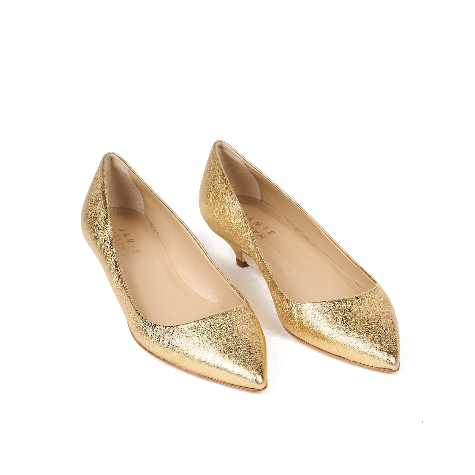 Kitty Point Heel in Warm Gold, featuring pointed toe, kitten heel, leather lining, and anti-slip rubber sole, handmade in Italy.