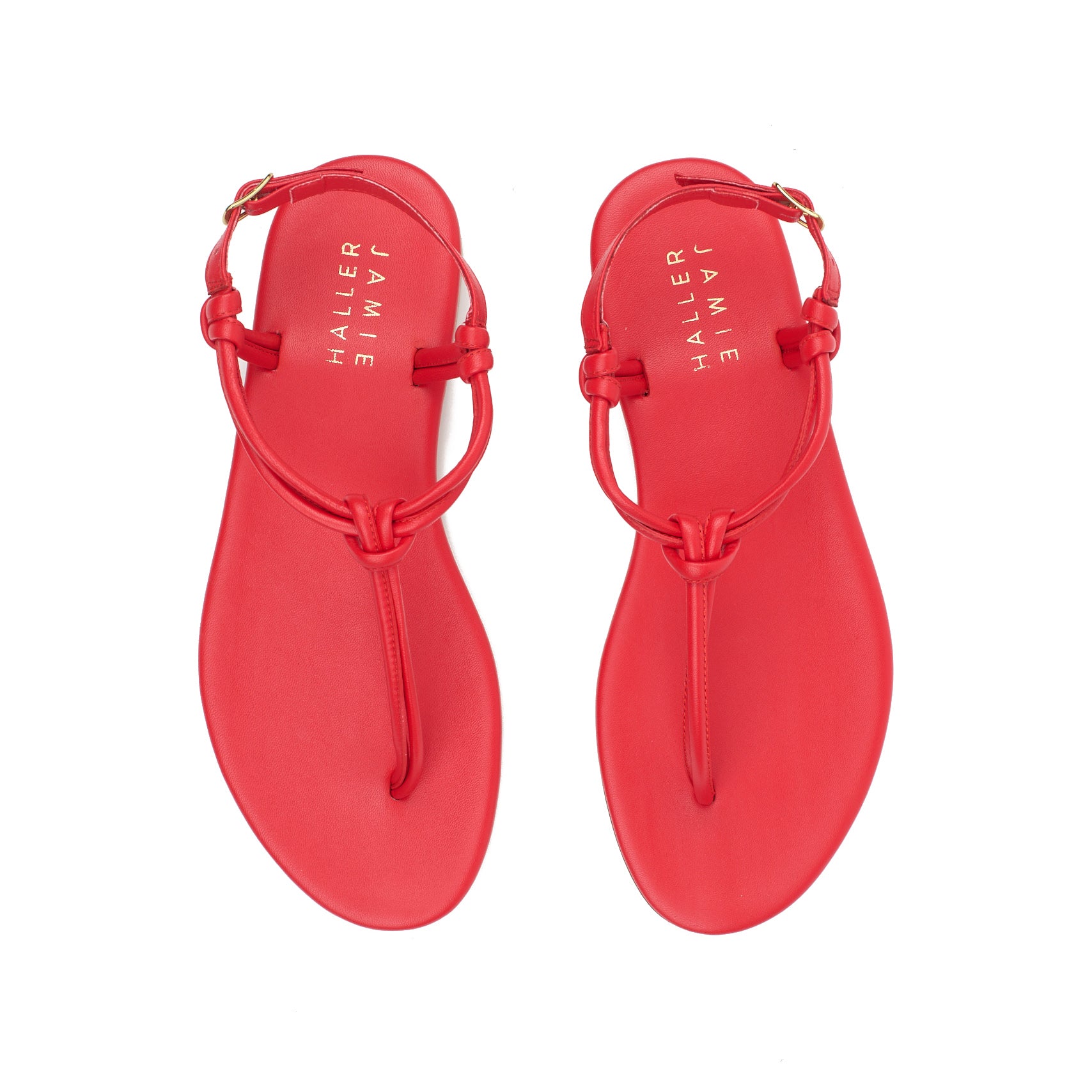 The Knot Sandal in Red, minimalist Italian calfskin leather sandal with knotted T-strap, stylish and handmade.
