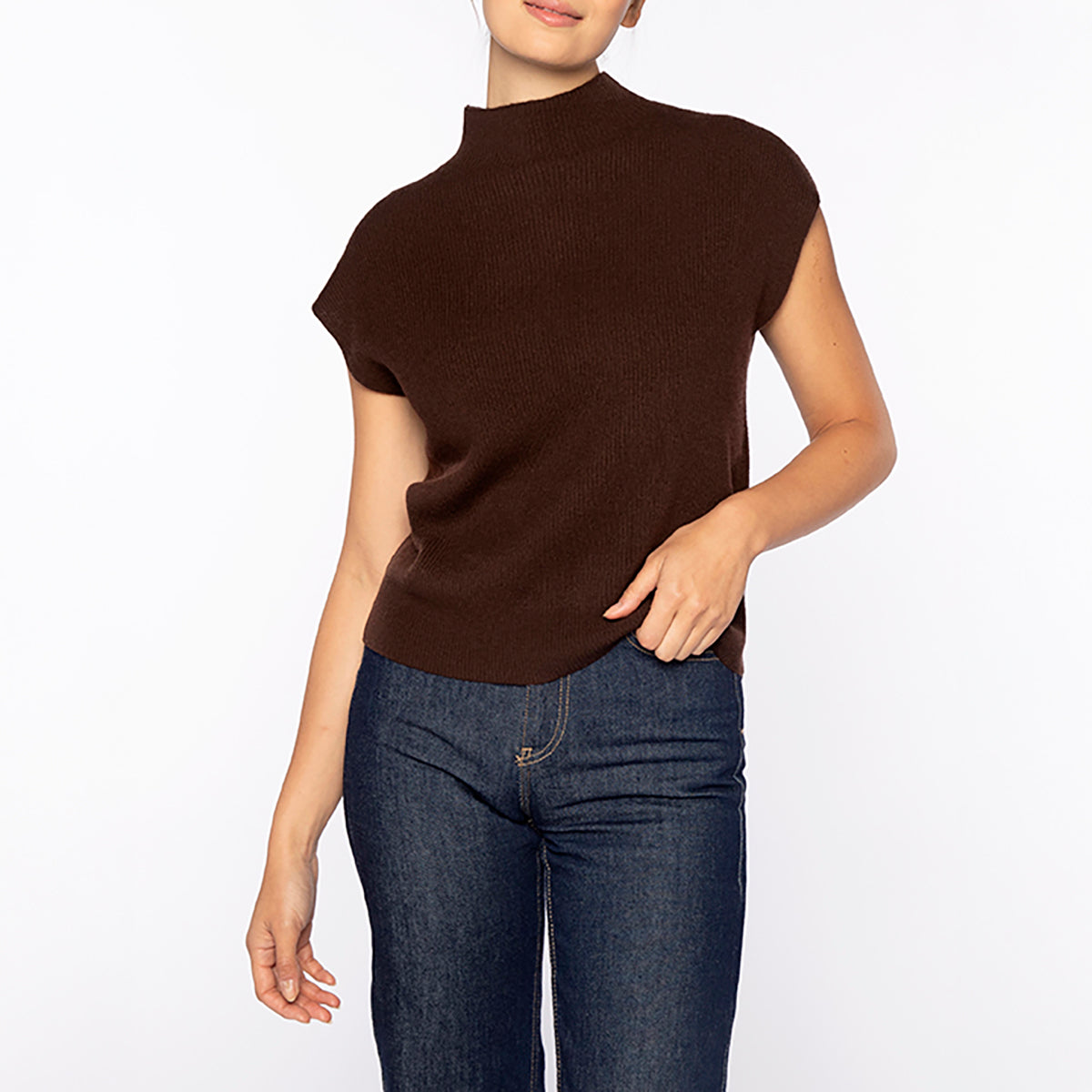 Ribbed Cap Sleeve Sweater in Chocolate