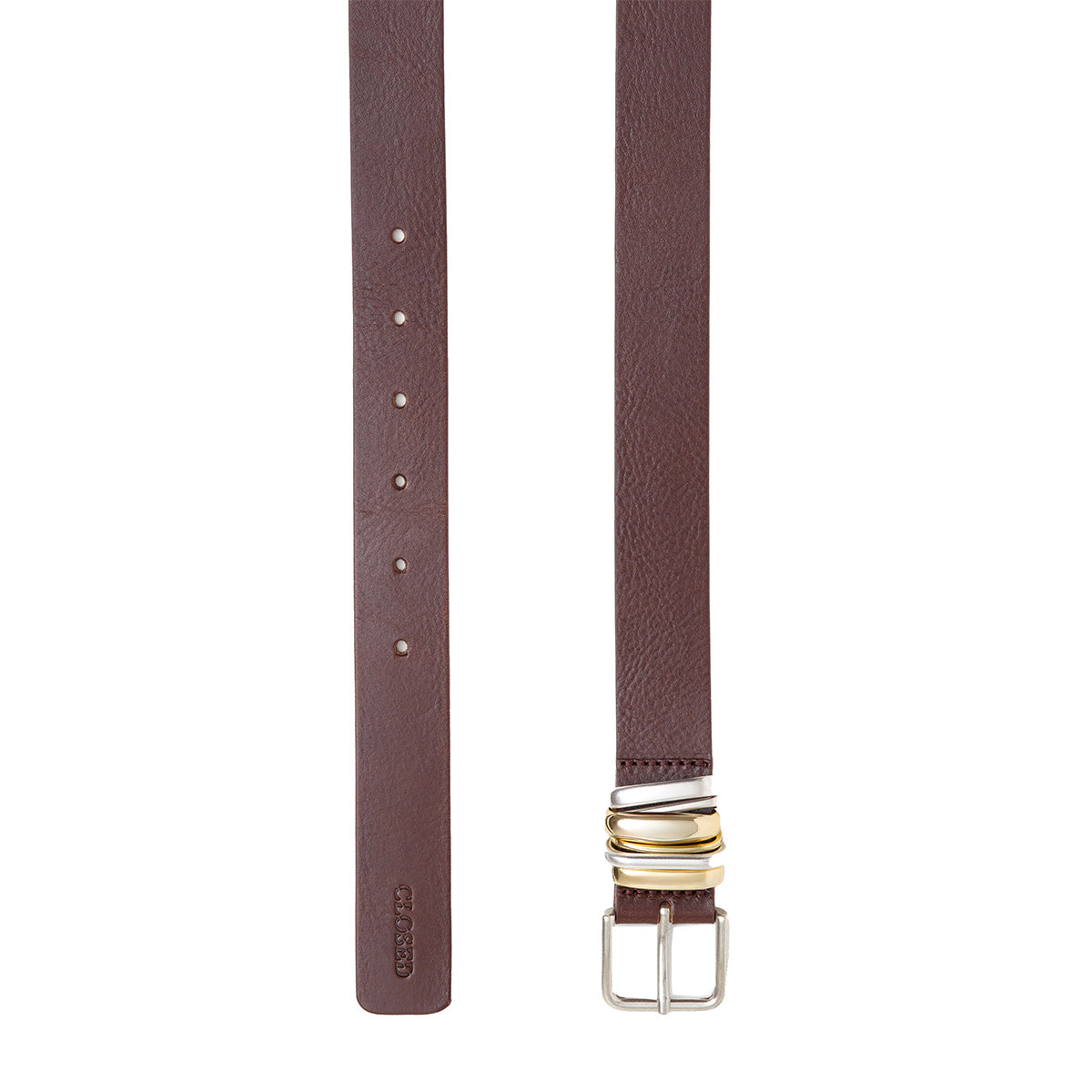 Leather Belt in Mahogany Brown with two-tone metal eyelets, smooth finish, and 1.2" width, captured from a top-down angle.