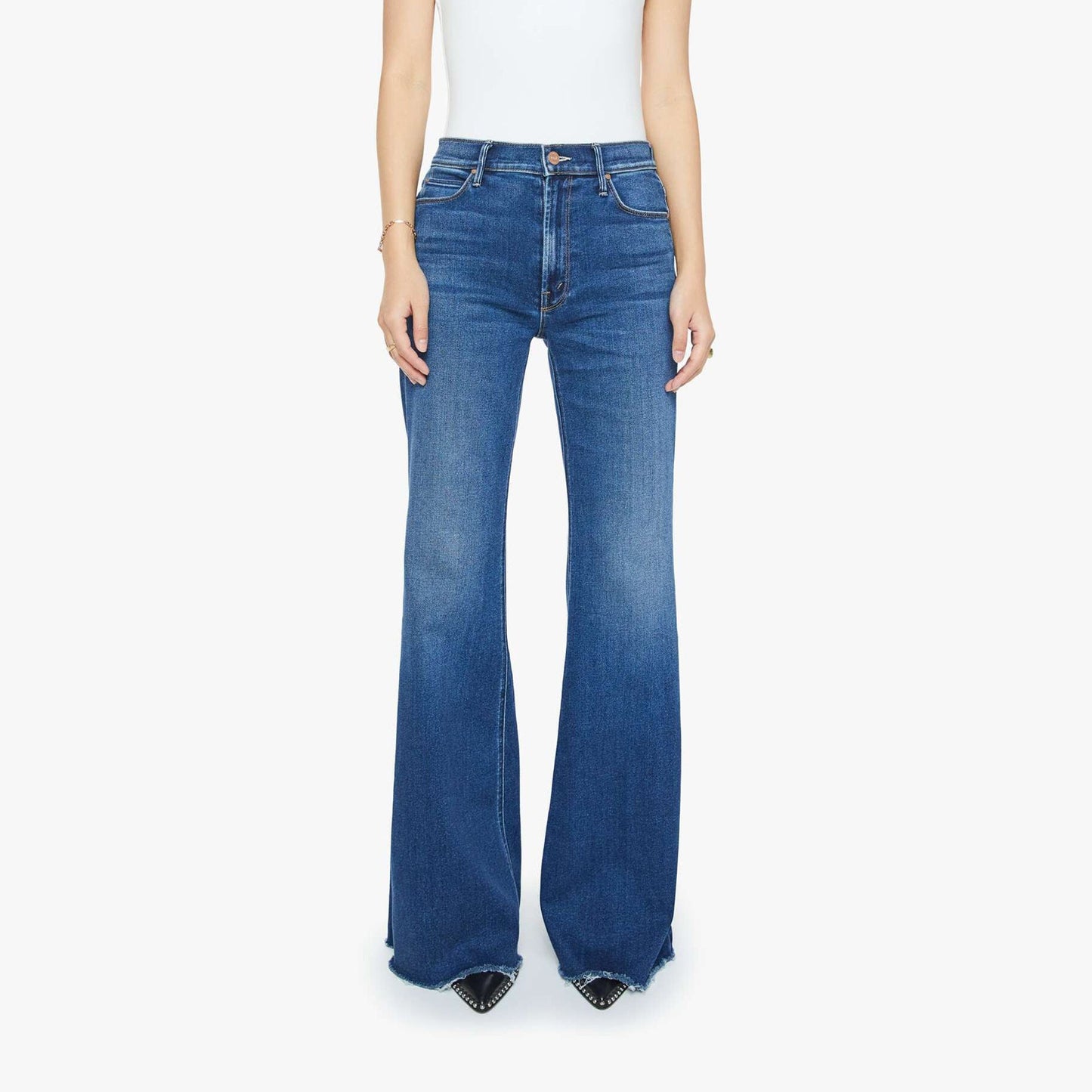 Lil Doozy Fray high-rise flare jeans in Scorchin' Hot with frayed hem and whiskering, perfect for petite frames.