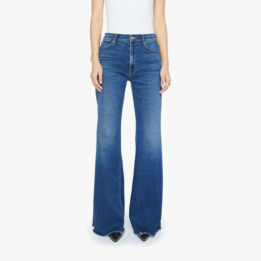Lil Doozy Fray high-rise flare jeans in Scorchin' Hot with frayed hem and whiskering, perfect for petite frames.