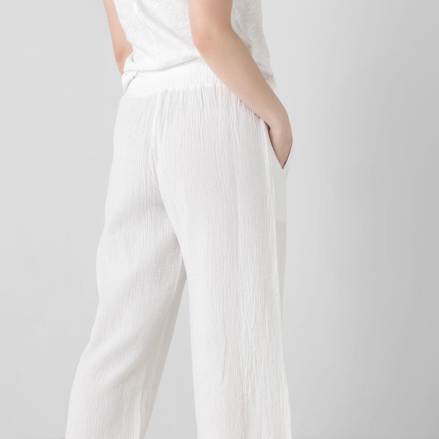 Smocked Double Gauze Pant in White