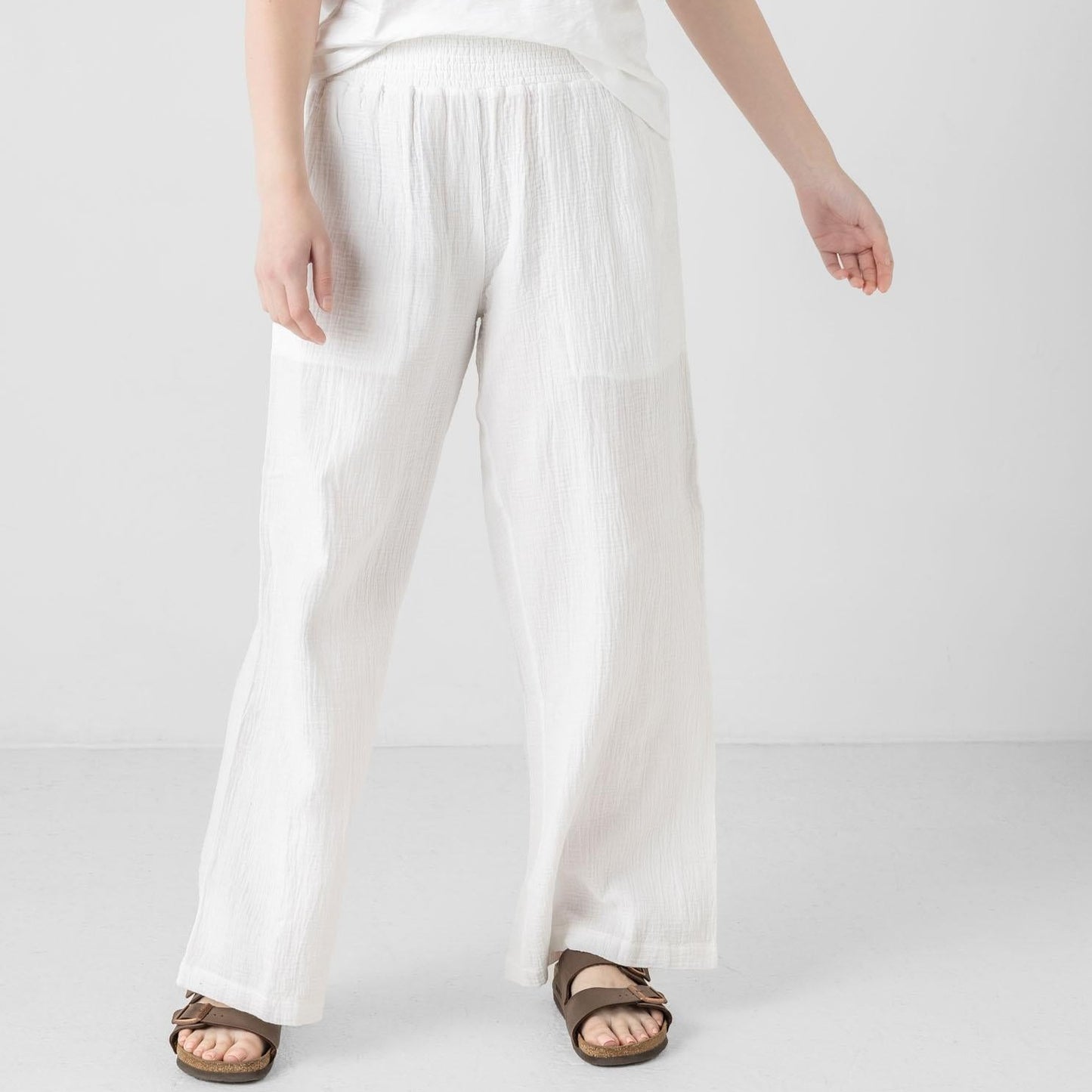 Smocked Double Gauze Pant in White