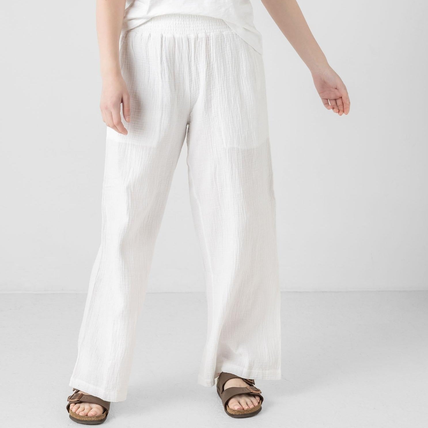 Smocked Double Gauze Pant in White