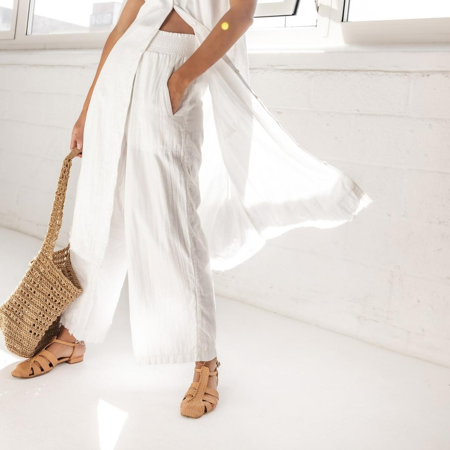 Smocked Double Gauze Pant in White