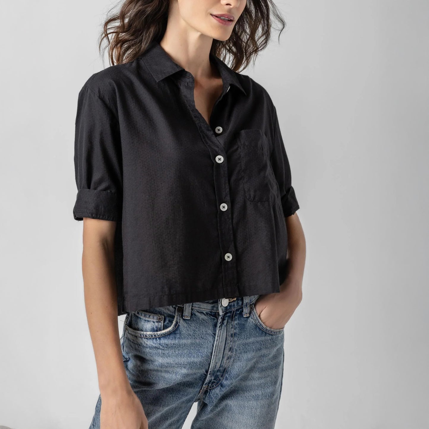 Easy Sleeve Button Down Shirt in Black