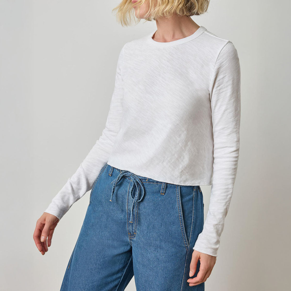 Long Sleeve Cropped Tee in White