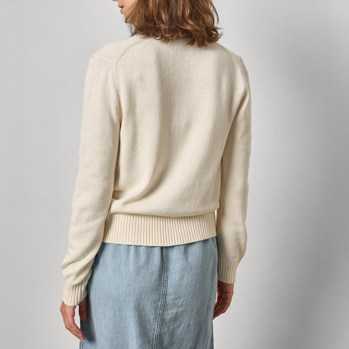 Denim Collar Polo Sweater in Off White