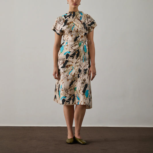 Felicie Dress in Beige & Turquoise