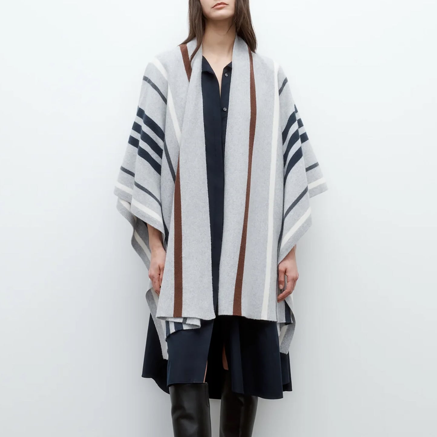 Wrap Poncho in Grey & Navy Stripe
