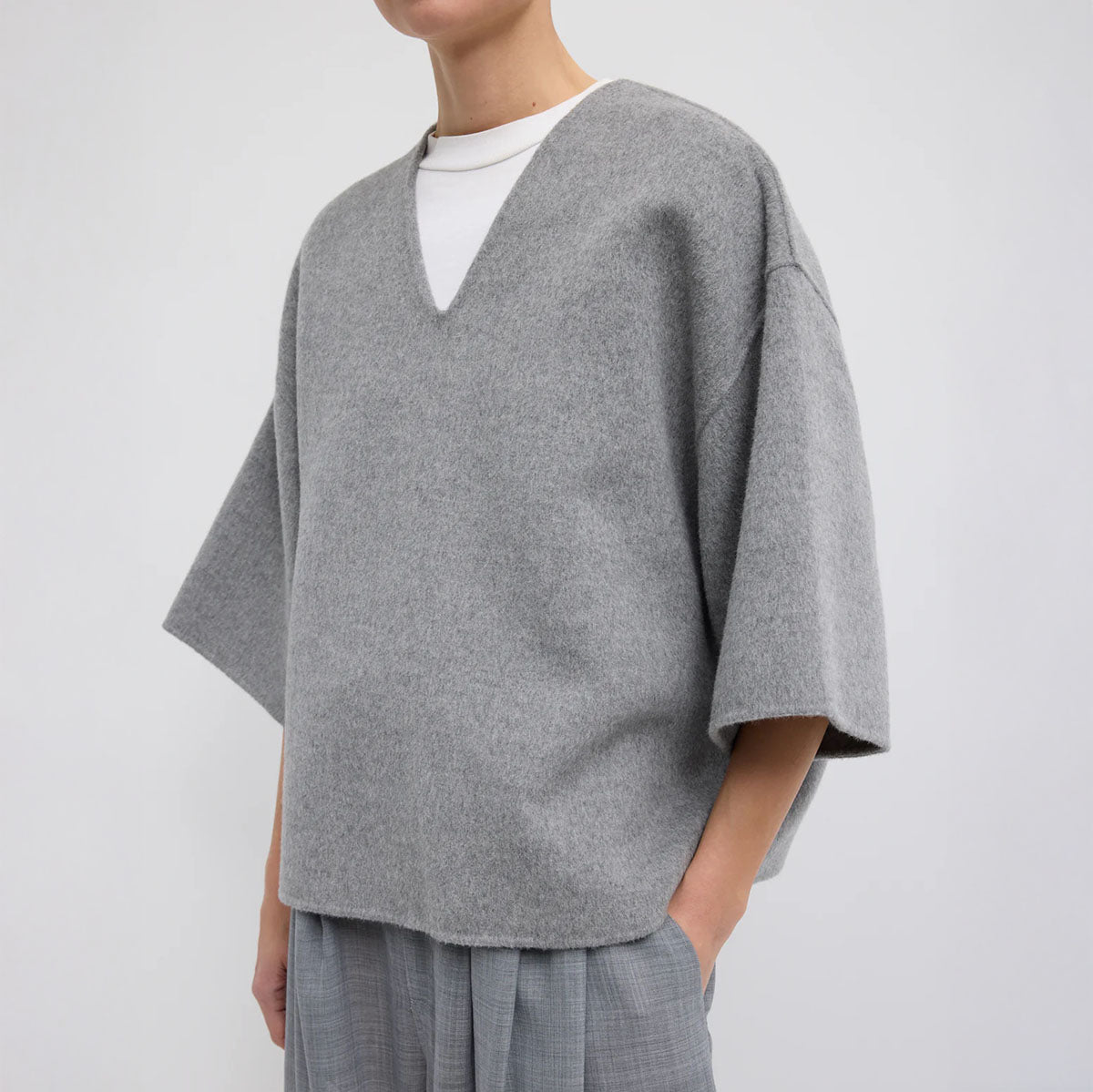 Angora V-Neck Top in Heather Gray