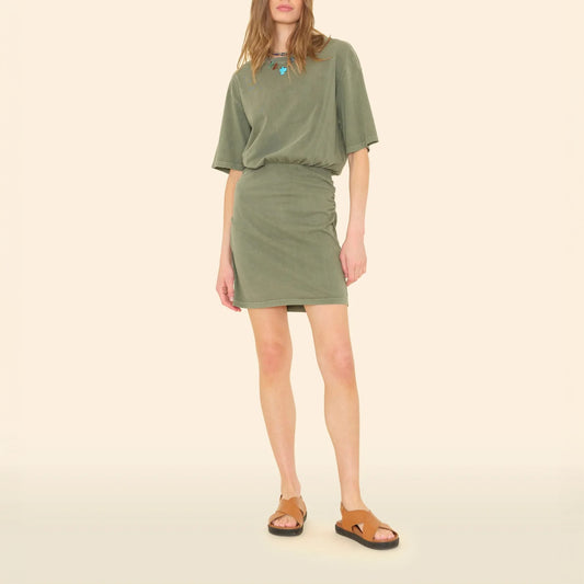 Lexa Dress in Vintage Seagrass, a casual T-shirt mini dress featuring a shirred skirt and soft cotton fabric.