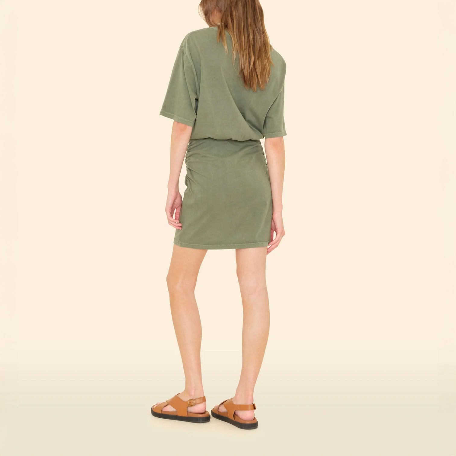 Back view of the Lexa Dress in Vintage Seagrass, a comfortable T-shirt mini dress crafted from soft cotton.