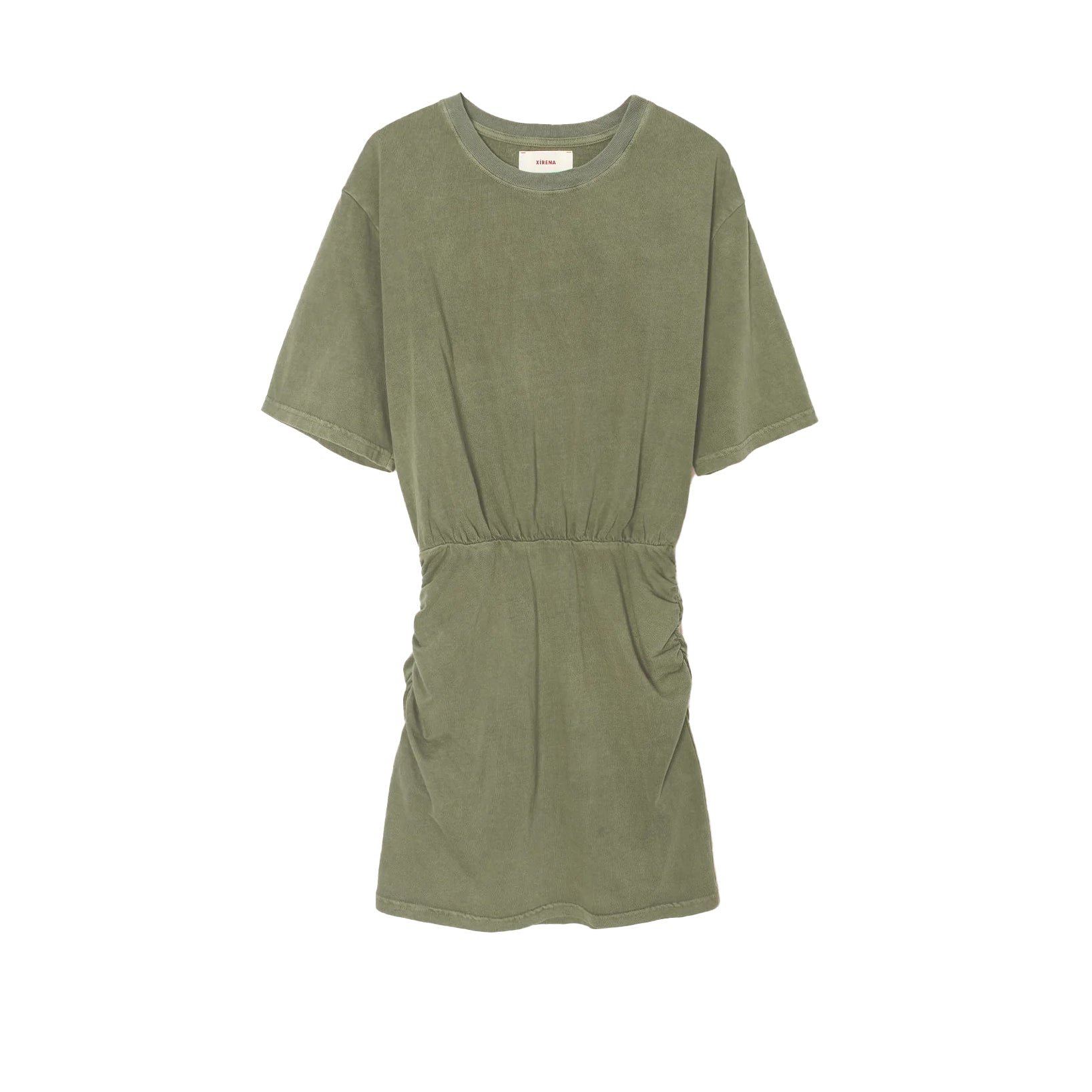 Lexa Dress in Vintage Seagrass, a casual T-shirt mini dress with a shirred skirt in soft cotton fabric.