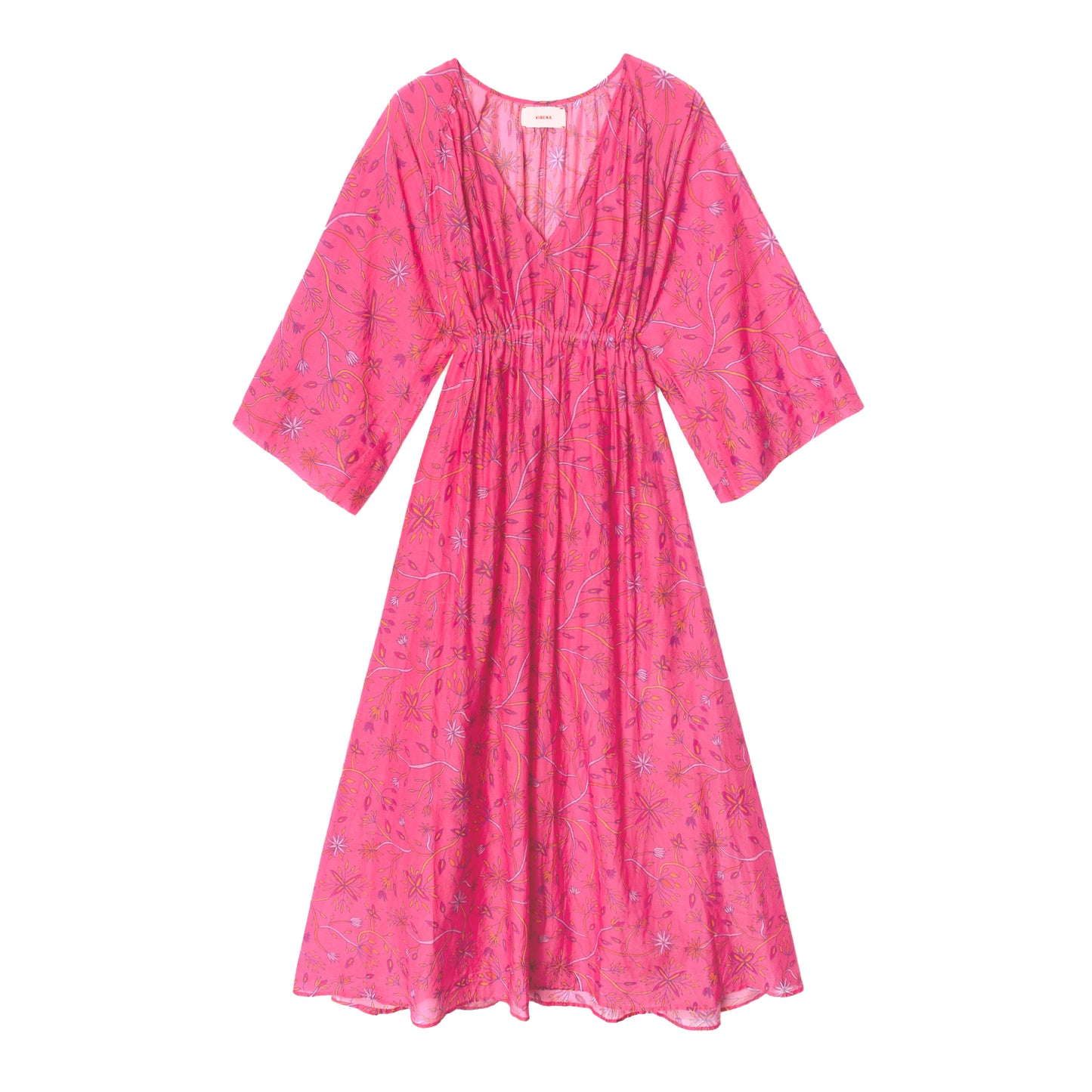 Angela Dress in Fuschia Melon: floral print caftan dress with V-neck and bell sleeves, made from soft cotton-silk blend.